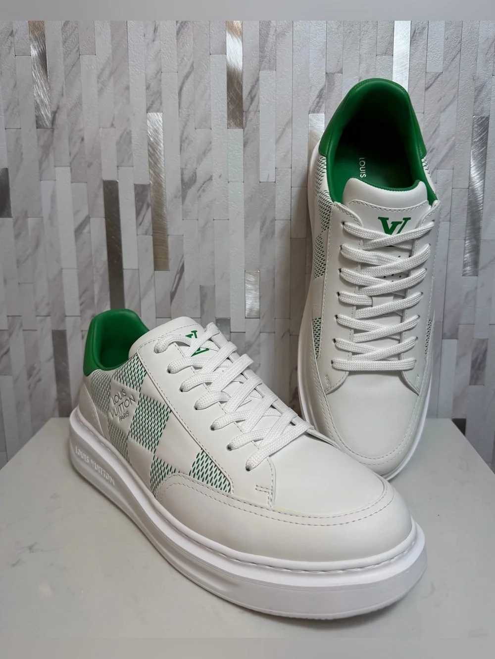 🍀Louis Vuitton Men’s Beverly Hills Giant Damier White/Green Sneakers 7.5UK/9US